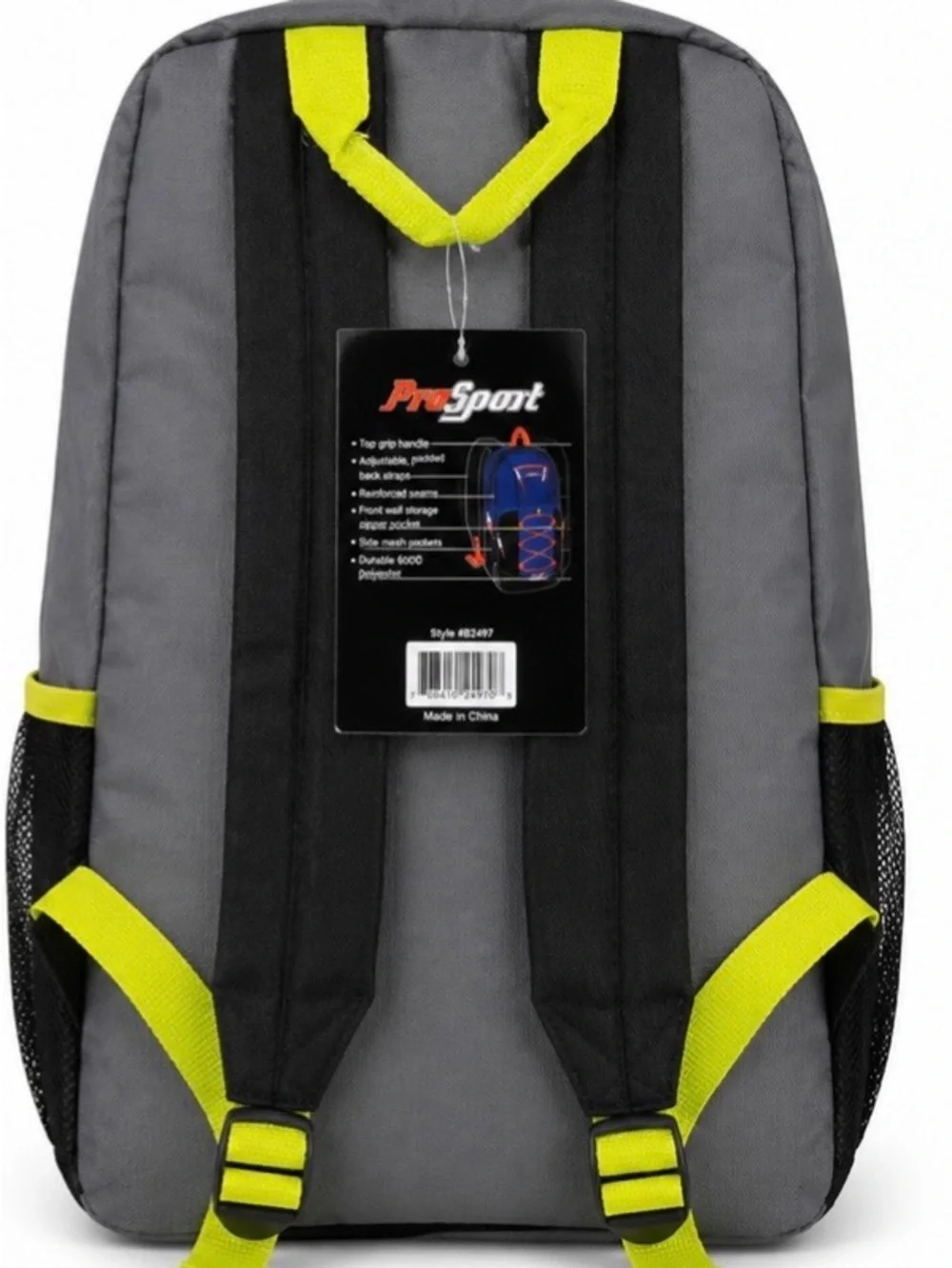 ProSport B2497 Gray & Neon Yellow Backpack School Travel Daypack NWT
